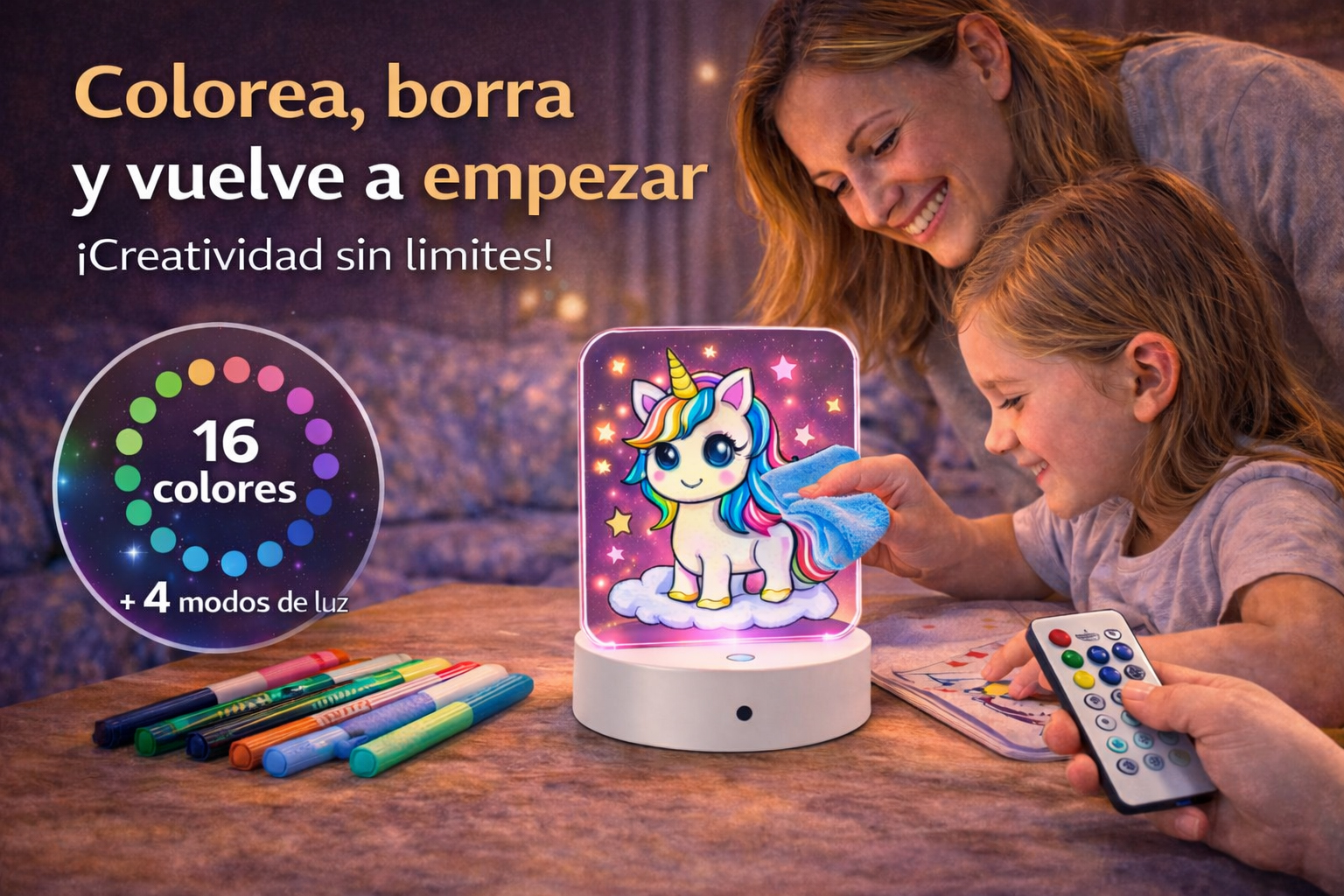 Kit Creativo Infantil con Lámpara LED – 4 Placas de Metacrilato para Colorear, 8 Rotuladores Fluorescentes, 1 Base LED Táctil con Mando – 6+ (Unicornios)