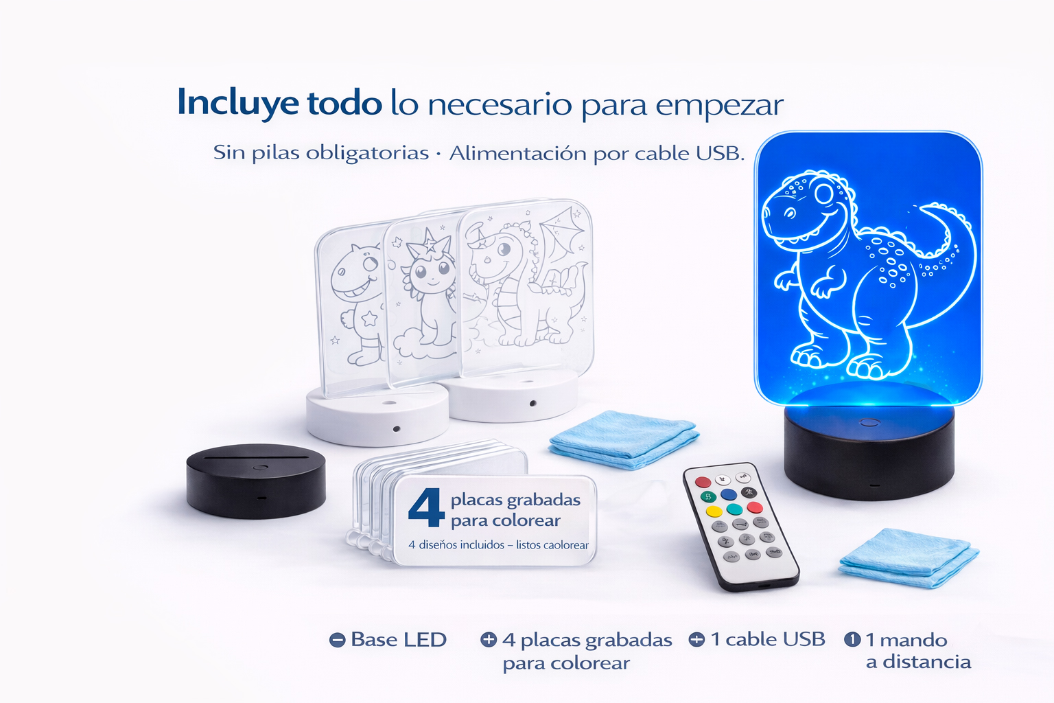 Kit Creativo Infantil con Lámpara LED – 4 Placas de Metacrilato para Colorear, 8 Rotuladores Fluorescentes, 1 Base LED Táctil con Mando – 6+ (Unicornios)