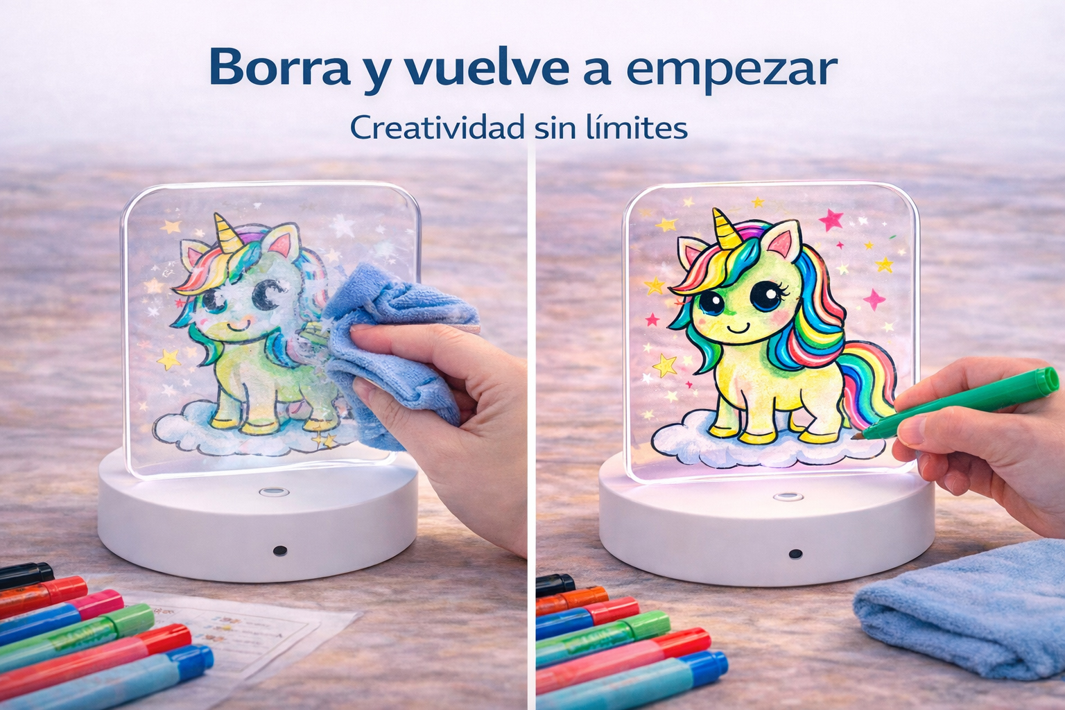 Kit Creativo Infantil con Lámpara LED – 4 Placas de Metacrilato para Colorear, 8 Rotuladores Fluorescentes, 1 Base LED Táctil con Mando – 6+ (Unicornios)