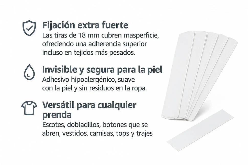 B BachVibes - Cinta Invisible de Doble Cara para Lencería, Ropa y Cuerpo. 100 o 150 Tiritas Transparentes Suaves con la Piel, Discretas y Cómodas para Escotes y Vestidos.