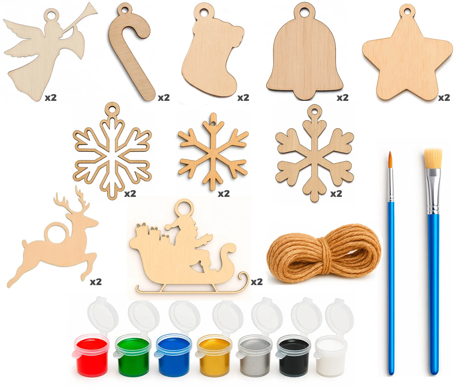 Pack 20 Figuras Navideñas de Madera 3 mm para Pintar + Set de Pinturas | Adornos Navidad DIY para Niños y Adultos | Incluye 20 Cordeles, 7 Pinturas Acrílicas No Tóxicas y 2 Pinceles | Corte Láser